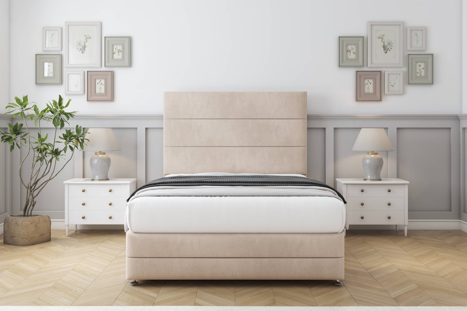 image 1 of Sloomy Monaco Sand Naples Divan Bed With Mattress No Drawers With 26" Strutted Headboard & 12" Matching Footboard 2'6 Small Single | Cream | Sand | Small Single | 1