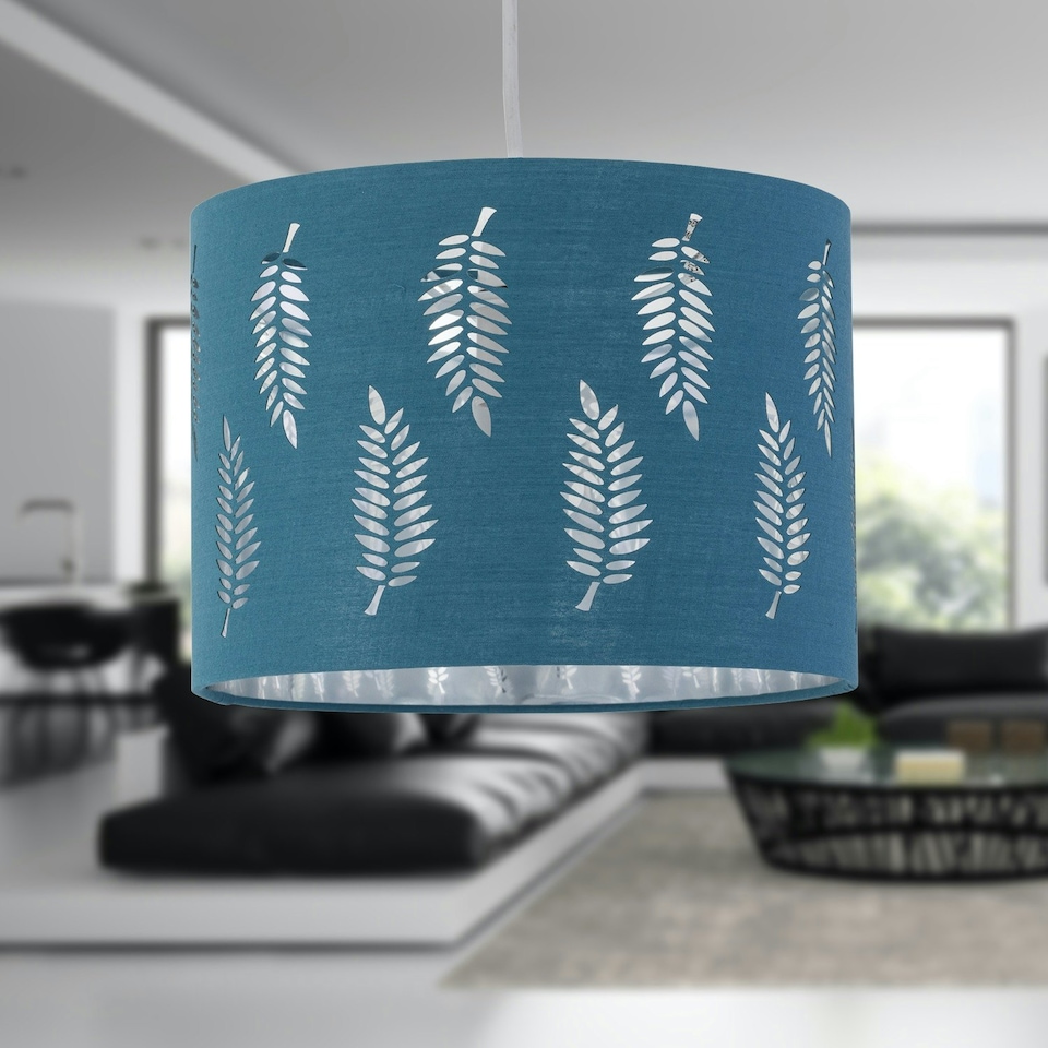 image 1 of First Choice Lighting Set of 2 Fern Teal Cut Out 25cm Pendant Lightshades Green | Silver