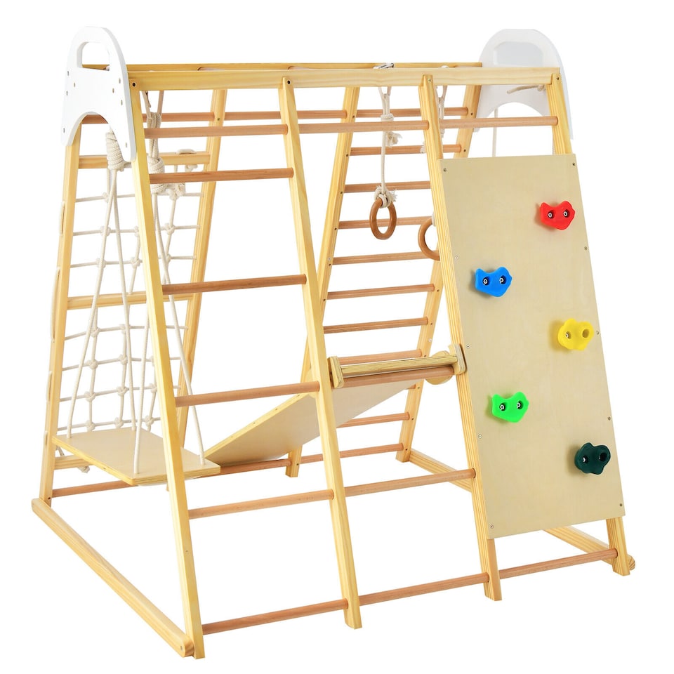 image 1 of COSTWAY 8 in 1 Wooden Climber Playset with Slide Jungle Gym Playset Climbing Ladder