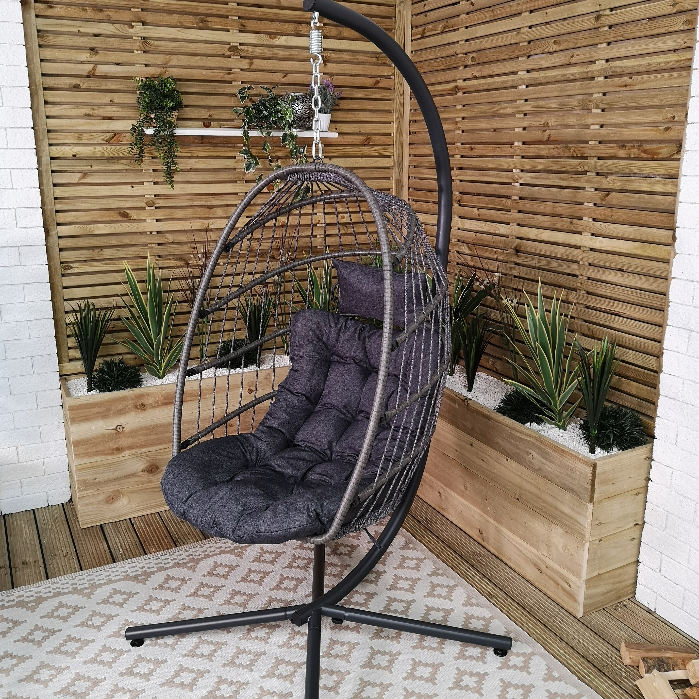 Grey Hanging Egg Chair With Stand & Waterproof Cover | Grey | Grey