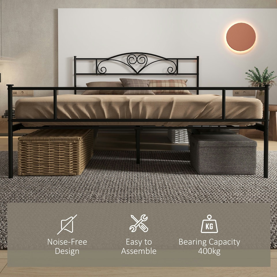 image 1 of HOMCOM King Metal Bed Frame w/ Headboard,31cm Under-bed Space