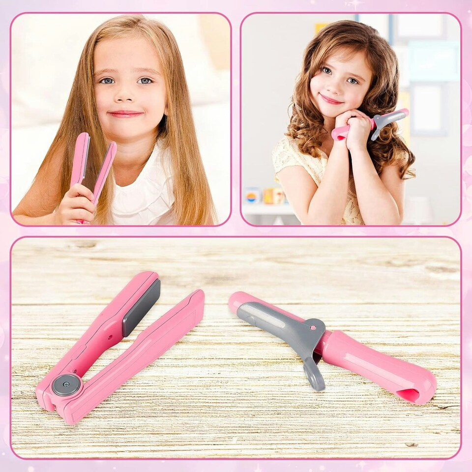 image 1 of Kids Hair Salon Play Set Pretend Hairdressing Makeup Kit with Lights Sounds Unicorn Apron Carry Bag