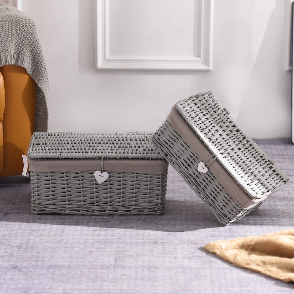 image 1 of Natural Wicker Storage Basket With Lid Underbed Storage Gift Basket (Grey, Medium)