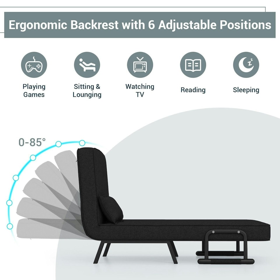 image 1 of COSTWAY Convertible Single Folding Sofa Bed Sleep Chair Dark Grey Black