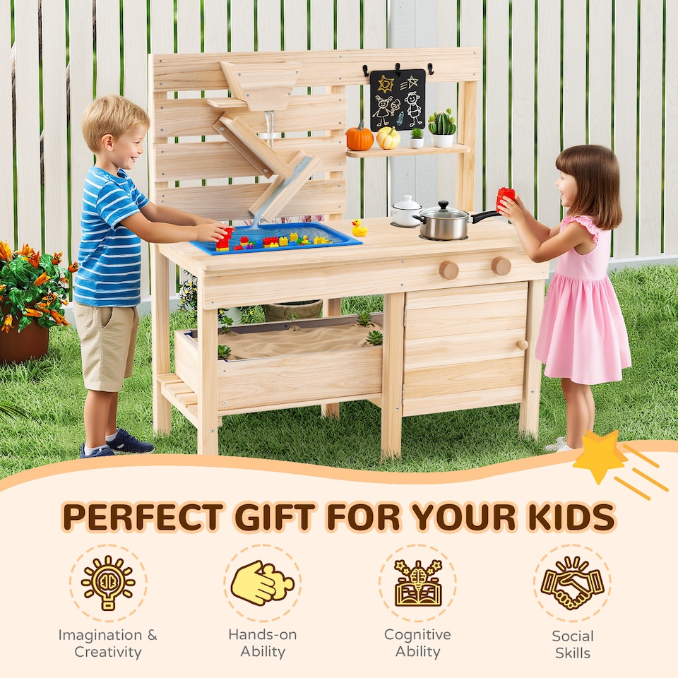 image 1 of COSTWAY Mud Kitchen Kids Outdoor Play Kitchen with Detachable Sandbox-Natural