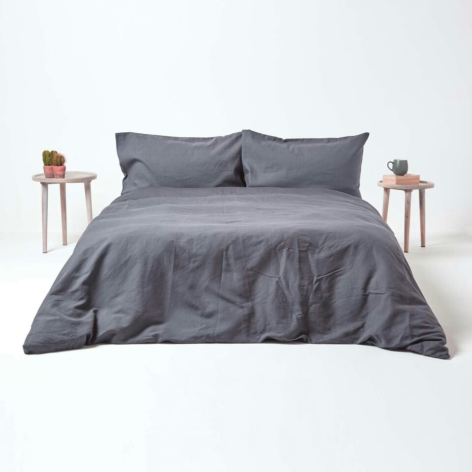 image 1 of Homescapes Dark Grey Linen Deep Fitted Sheet, Super King Grey | Super King