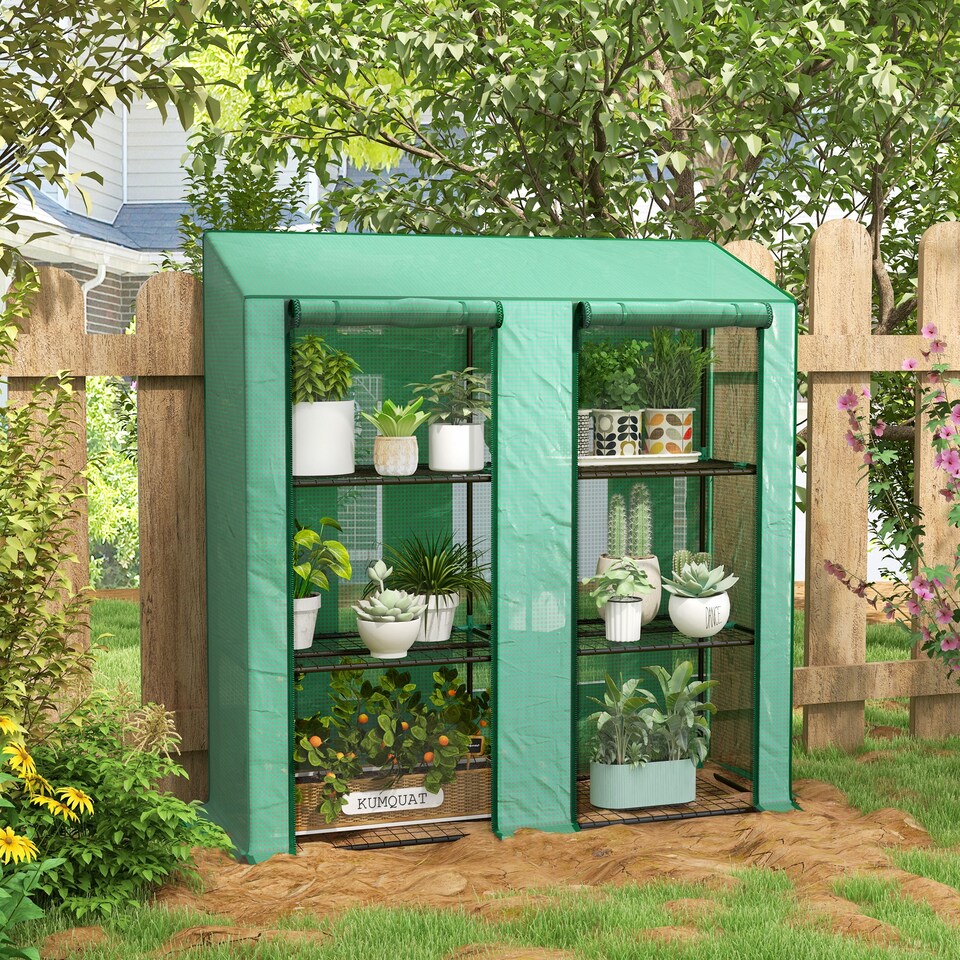 image 1 of Outsunny 3 Tier Lean-to Mini Greenhouse with Reinforced Plastic Cover, Portable Indoor Outdoor Green House with 2 Roll-up Doors and 6 Wire Shelves, Green | Green
