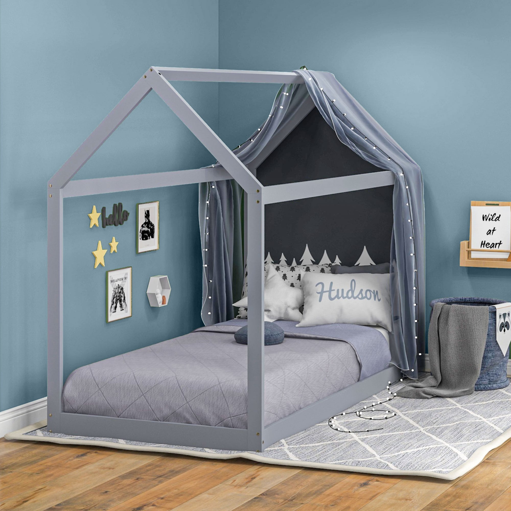 HOMCOM Wooden Single Bed Frame with Tree House Style, Grey | Grey | Grey