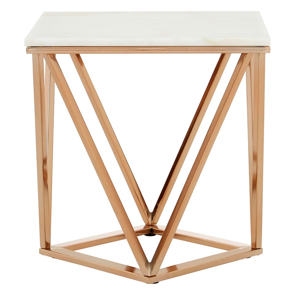 image 1 of Champagne Finish End Table With Rose Gold Legs,White Marble Top Side Table,Modern Prismatic Bedside Table