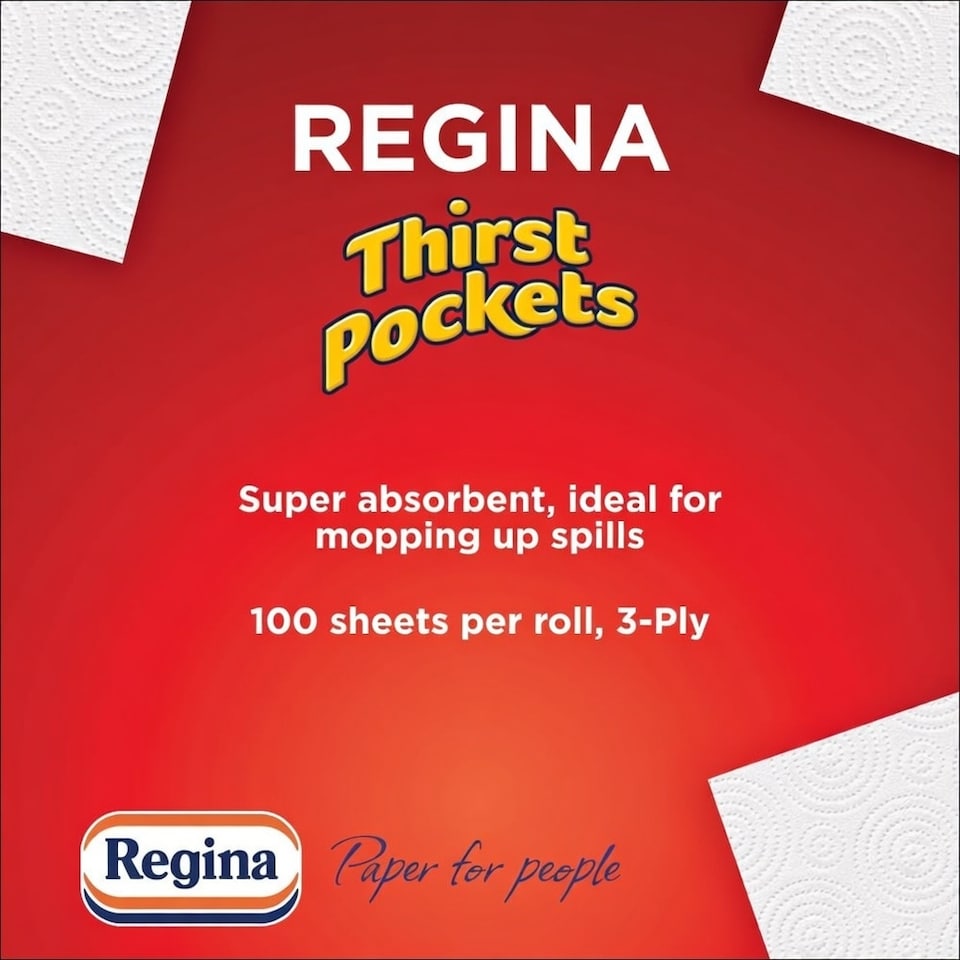 image 1 of Regina Thirst Pockets Mini 3-Ply Kitchen Rolls | Highly Absorbent 8 Roll Pack for Spill Control | Durable, Textured Paper Towels for Efficient Kitchen Cleaning