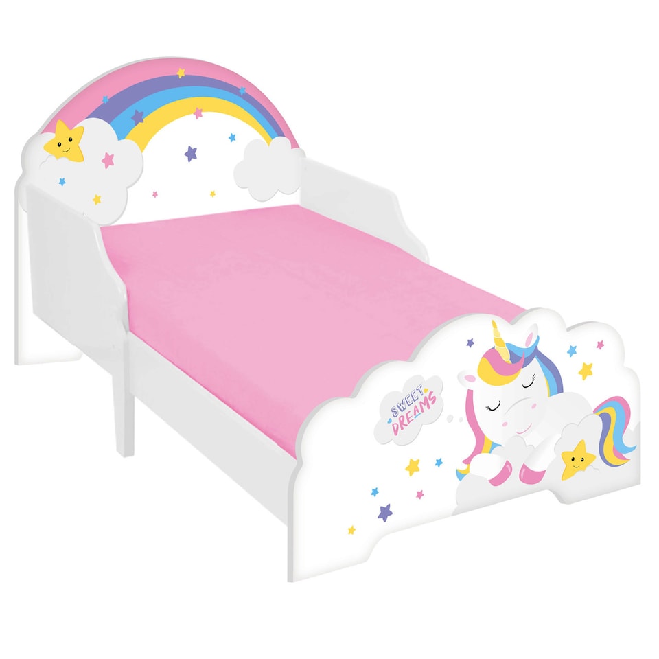 image 1 of Unicorn Themed Wooden Bed Frame w/ Guardrails - 70x140cm | Multi | Unicorn | 1