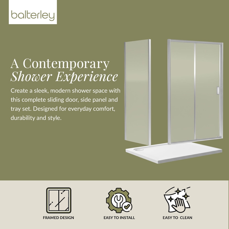 image 1 of Balterley Sliding Shower Suite with Safety Glass Door, Side Panel & Tray in | Silver | Chrome | 3