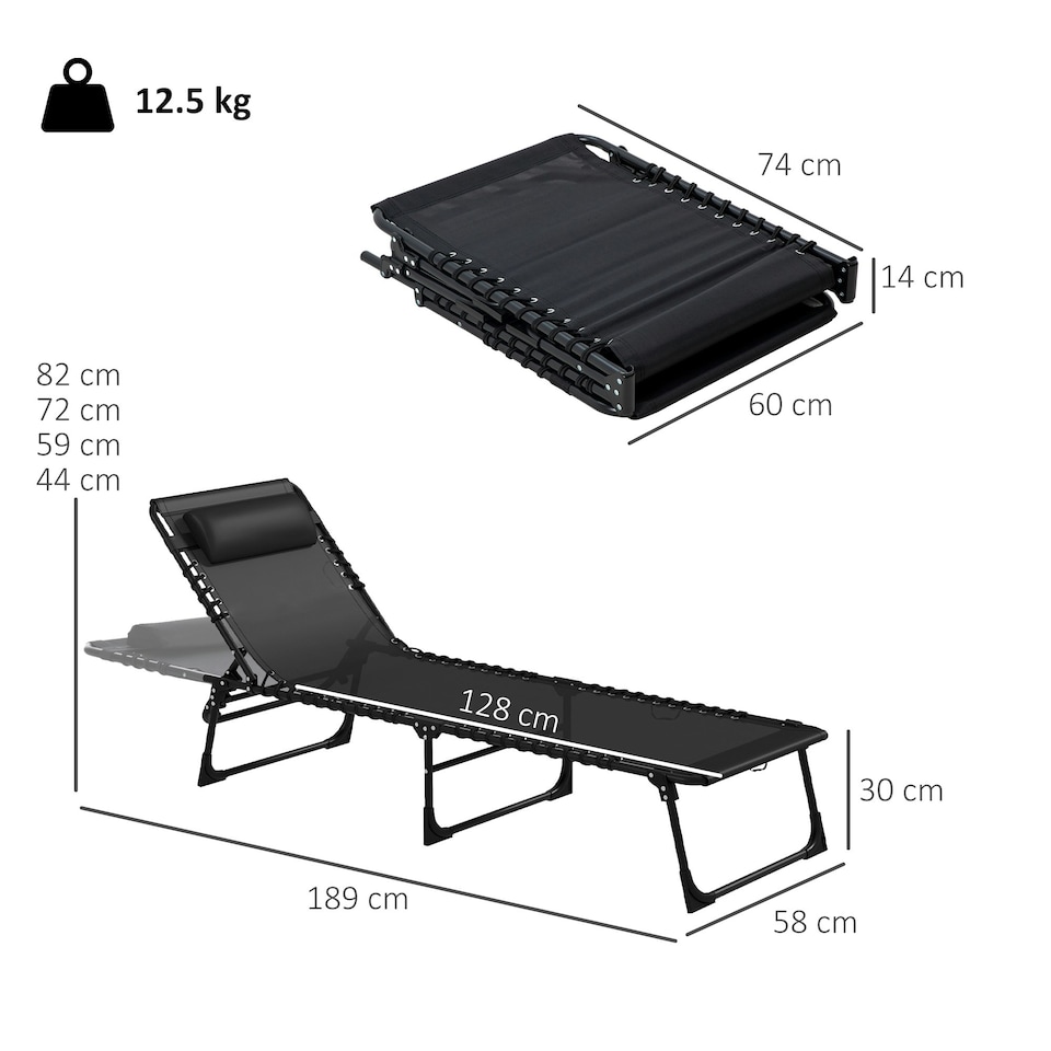 image 1 of Outsunny 2 Pcs Folding Beach Chair Chaise Lounge 4 Adjustable Positions, Black