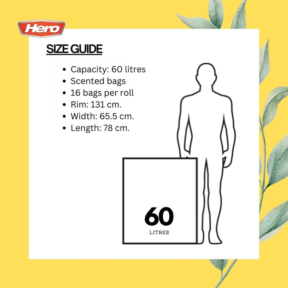 image 1 of Hero Swing Scented Drawstring Bin Bags 60L – Roll of 16 Bags | Strong Tear-Resistant Kitchen Bin Liners with Fresh Fragrance