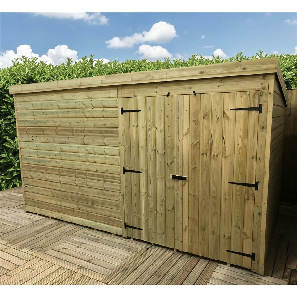 image 1 of 14 x 8 WINDOWLESS Garden Shed Pressure Treated T&G PENT Wooden Garden Shed + Double Doors (14' x 8' / 14ft x 8ft) (14x8)