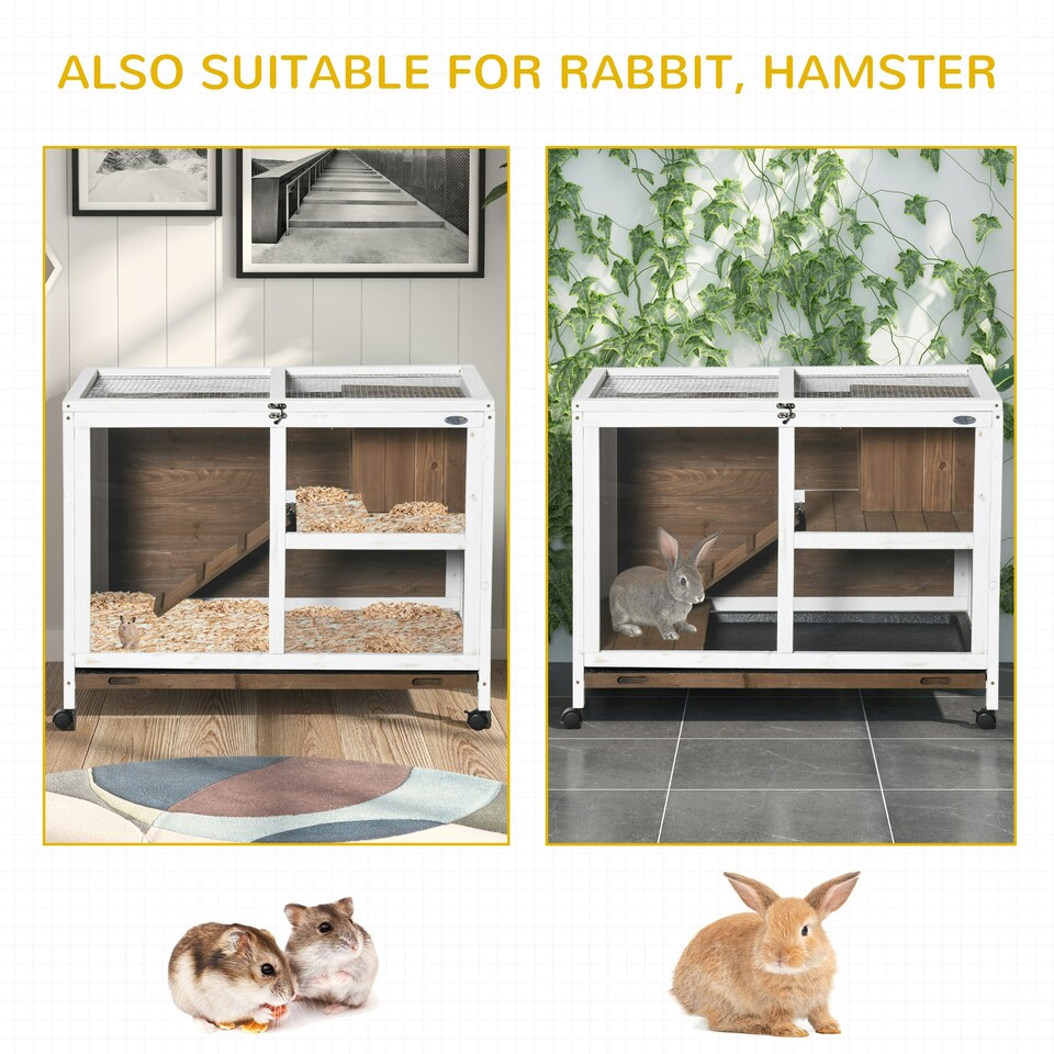 image 1 of PawHut Wood Rabbit Hutch Bunny Cage Pet House Indoor W/ Tray Ramp, Brown