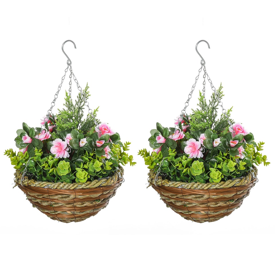 image 1 of Outsunny 2 PCs Artificial Lisianthus Flower Hanging Planter Basket Home