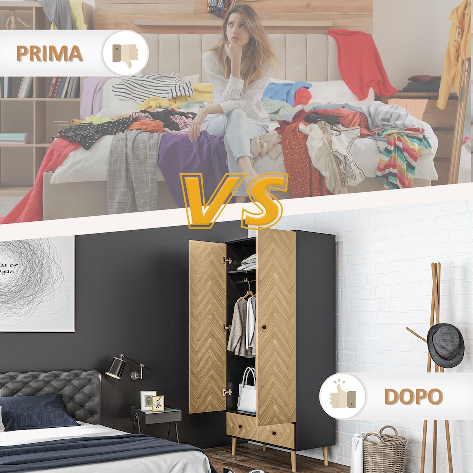 image 1 of HOMCOM Modern Wardrobe Cabinet Wood Grain Sticker Surface with Shelf, Hanging Rod and 2 Drawers 90x50x190cm