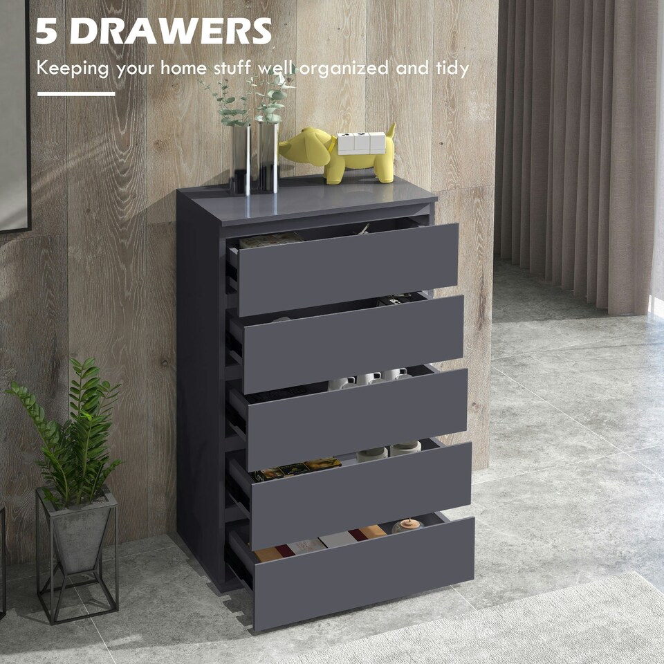 image 1 of HOMCOM Bedroom Chest of Drawers, High Gloss 5 Drawers Dresser, Grey