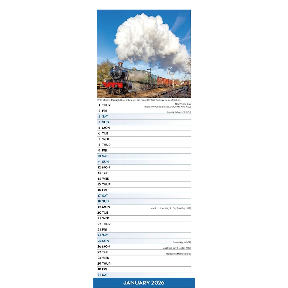 image 1 of Steam Trains Slim 2026 Calendar | Slimline Wall Calendar | Train, Steam Railway Gift | Plastic Free Packaging | Avonside Publishing Ltd