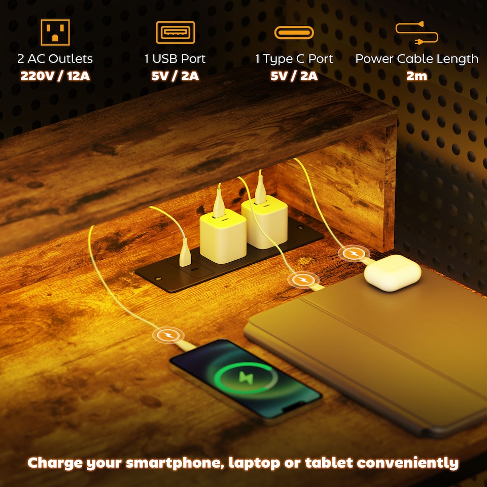 image 1 of HOMCOM 120cm Computer Desk with LED Lights and Power Outlets, Gaming Desk with Monitor Stand, Computer Table with Remote for Home Office Study, Rustic Brown | Brown