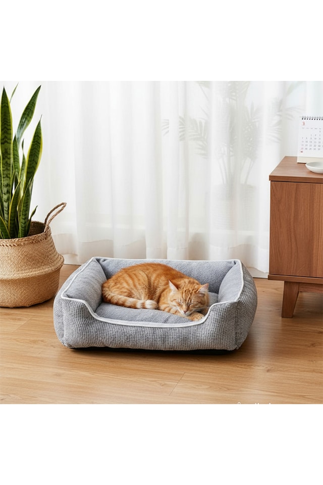 image 1 of Living and Home Linen Woven Pet Bed with Anti-Slip Bottom for Cats & Dogs | Grey | S