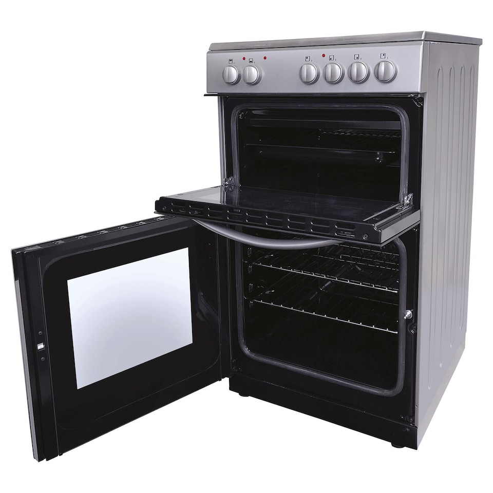 image 1 of Statesman EDC50S Fan Assisted Double Oven Electric Cooker, 4 Zone Ceramic Hob, 50cm Wide, Silver,H:900 x W:500 x D600 (MM)