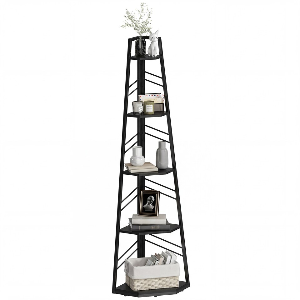image 1 of HOMCOM 5-Tier Corner Bookcase, Floor Standing Shelving Unit | Black | Black | 36.5 x 36.5 x 159.5 cm