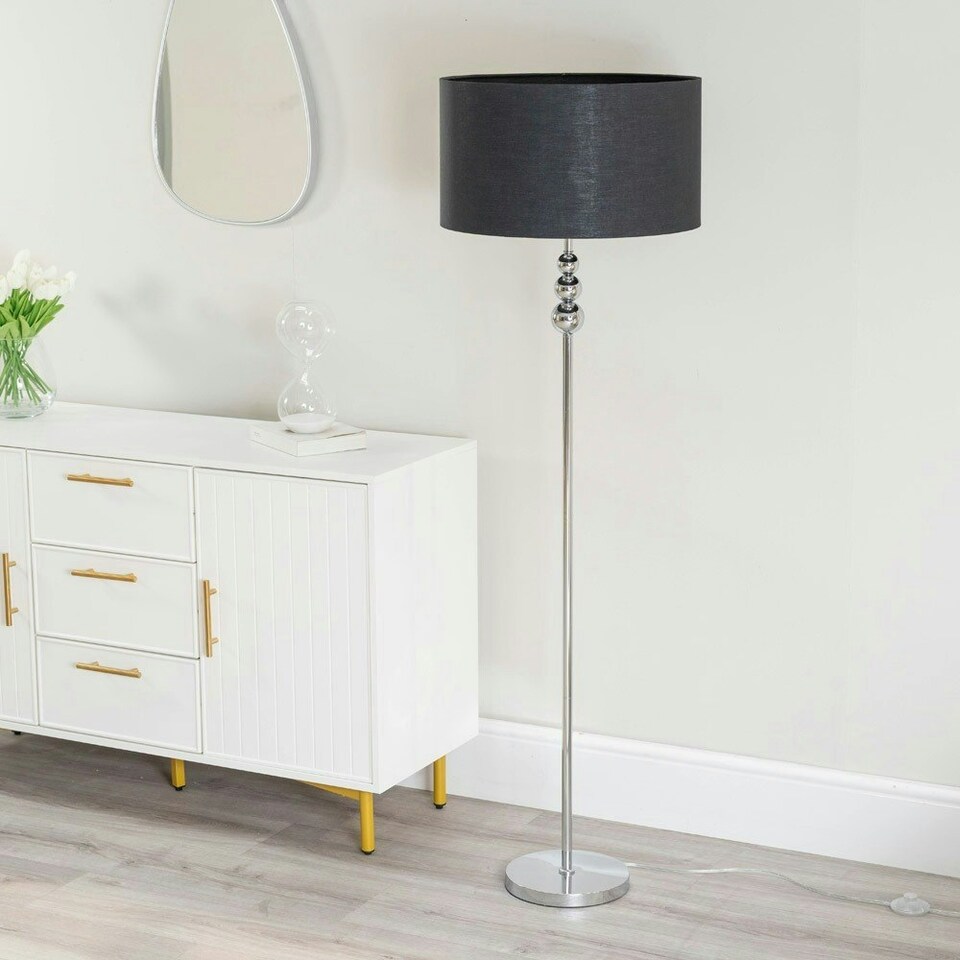 image 1 of ValueLights Marissa Black Fabric Drum Shade with Chrome Stacked Ball Floor Lamp Black