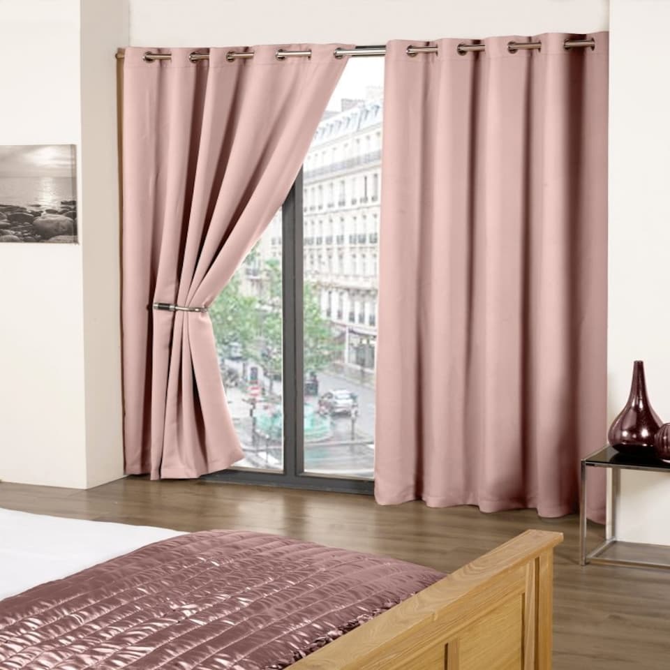 image 1 of Woven Thermal Blackout Eyelet Curtains Pink 168cm x 183cm | Pink | Pink