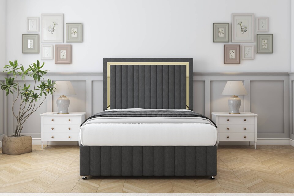 image 1 of Sloomy Boston Gold Graphite Dumfries Divan Bed With Mattress 2 Drawers Footend With 54" Floor Standing Headboard & 12" Matching Footboard 5' King | Grey | Graphite | King | 1