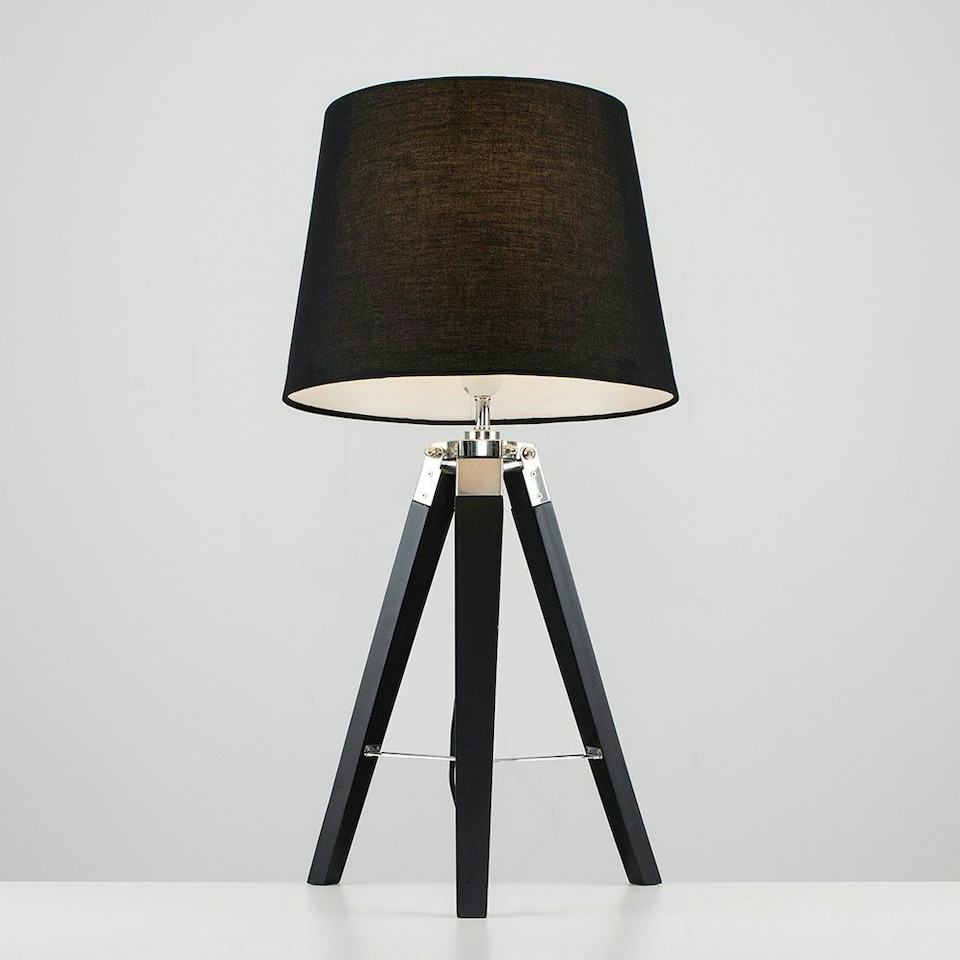 image 1 of ValueLights Modern Black Wood And Silver Chrome Tripod Table Lamp With Black Light Shade