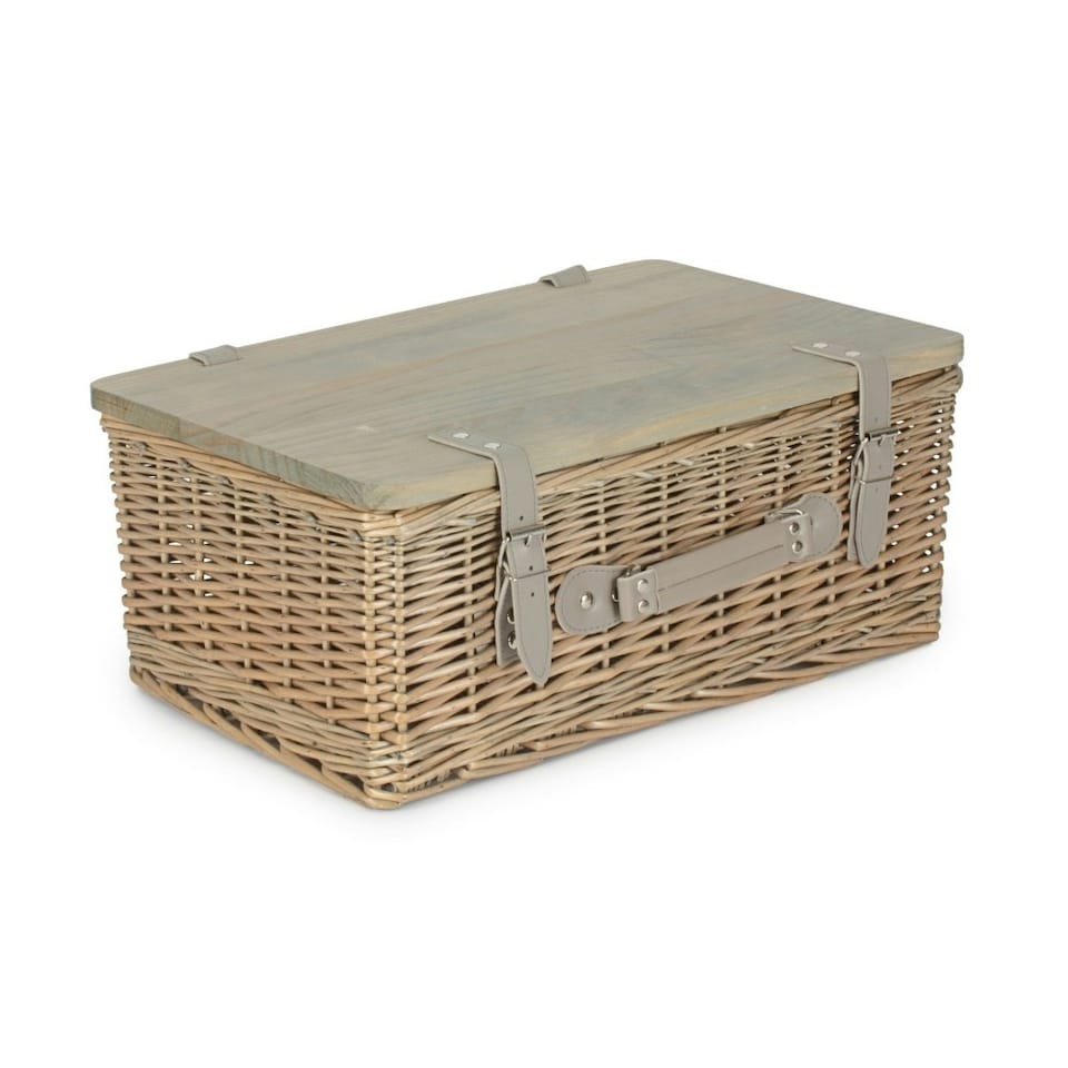 image 1 of Antique Wash Empty Picnic Basket with Pinewood Lid Brown | L