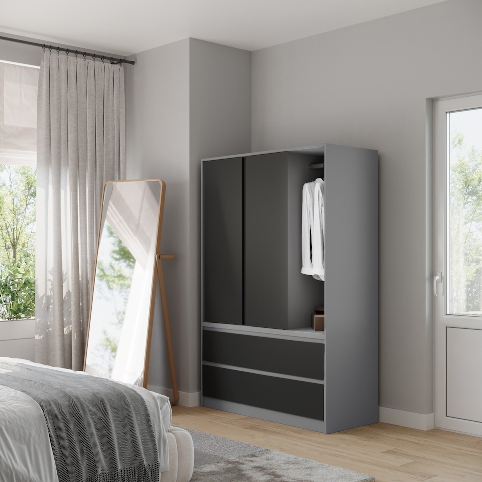 image 1 of URBNLIVING 3 Sliding Door Wardrobe With 4 Drawers And Hanging Rail | Grey | Black Drawers | 1