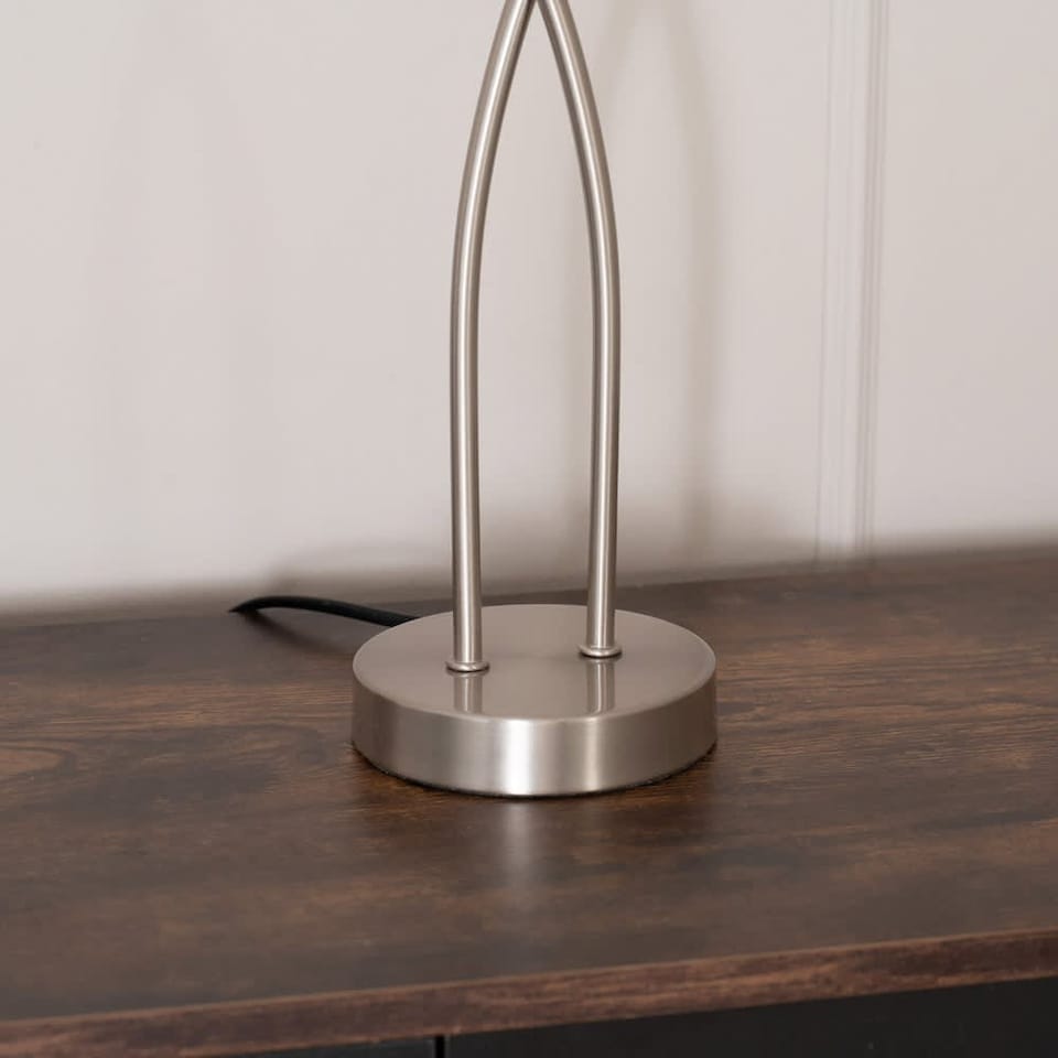 image 1 of ValueLights Maya Brushed Chrome 2 Way Curved Cross Over Reed Shaded Table Lamp with LED Bulbs | Silver