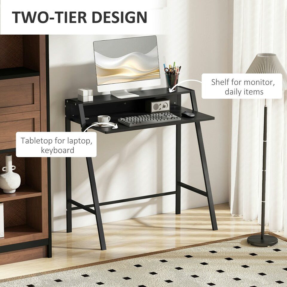 image 1 of HOMCOM 2-Tier Storage Computer Workstation with Shelf, Metal Frame Black
