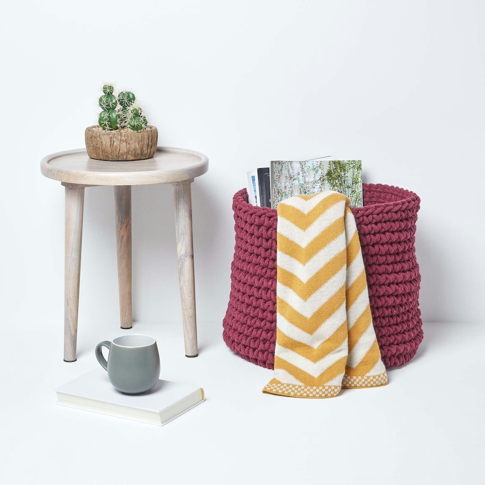 image 1 of Homescapes Plum Cotton Knitted Round Storage Basket - 42 x 37cm | Purple | L
