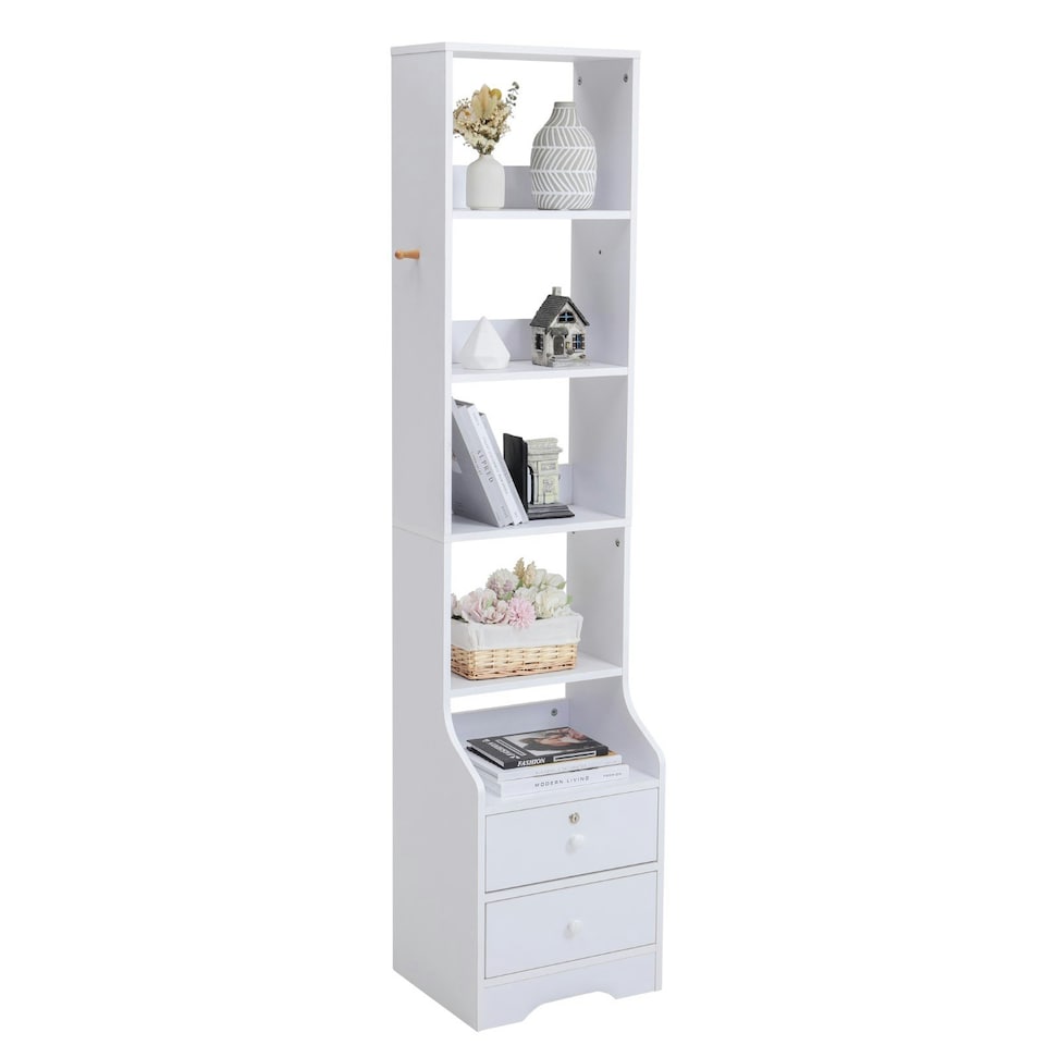 image 1 of Living and Home 5-Tier Slim Storage Shelving Unit with Lockable Drawer - White