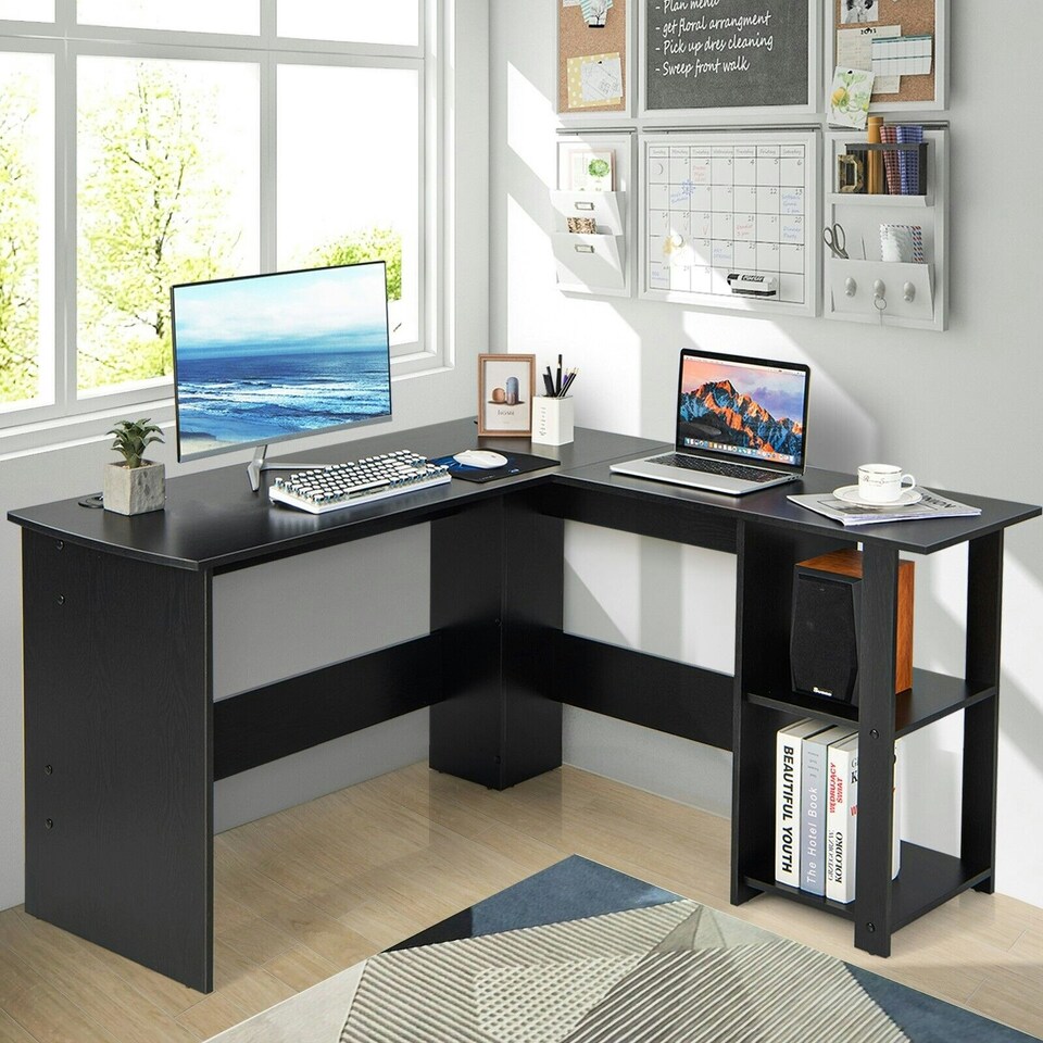 image 1 of COSTWAY L-Shaped Corner Computer Desk Writing Desk Workstation Black
