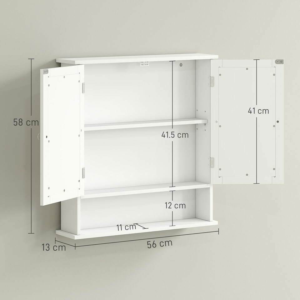 image 1 of kleankin Wall Mounted Mirror Cabinet W/ Double Mirror Doors & Shelf | White | 56L x 13W x 58H cm