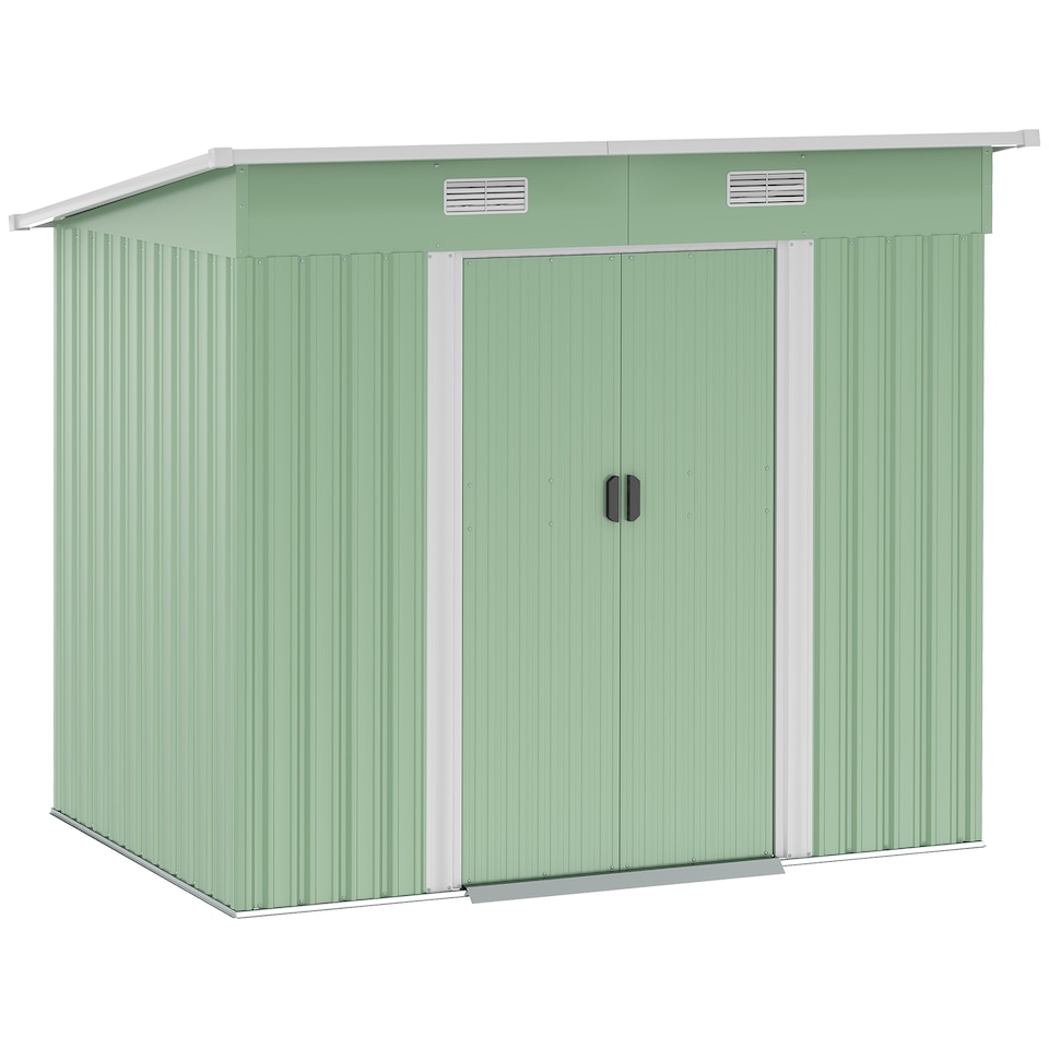 image 1 of Outsunny 7 x 4ft Outdoor Storage Shed, Lean to Metal Garden Shed with Foundation Kit for Log, Rubbish Bin, Tool, Lawnmower, Bike, Light Green