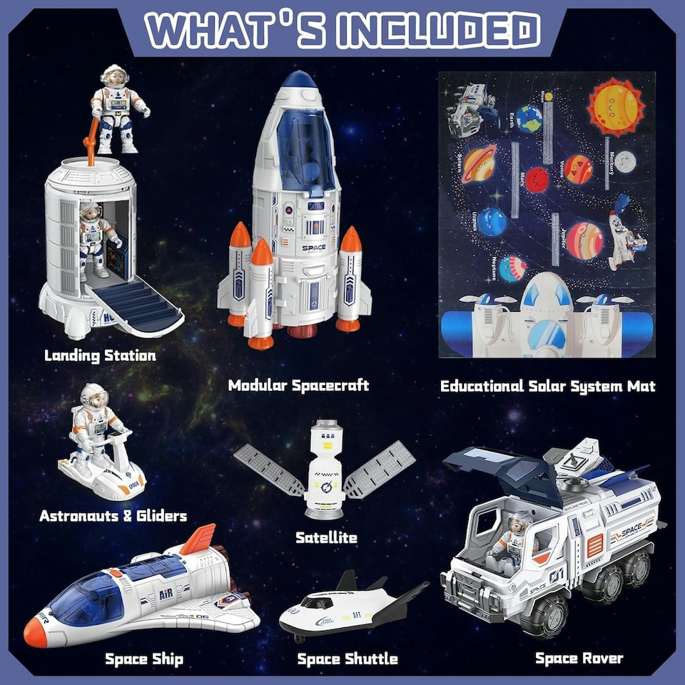 image 1 of Creative Space Adventure Toys for Kids Space Shuttle Rocket Set with Astronauts Rover Satellite and Solar System Mat