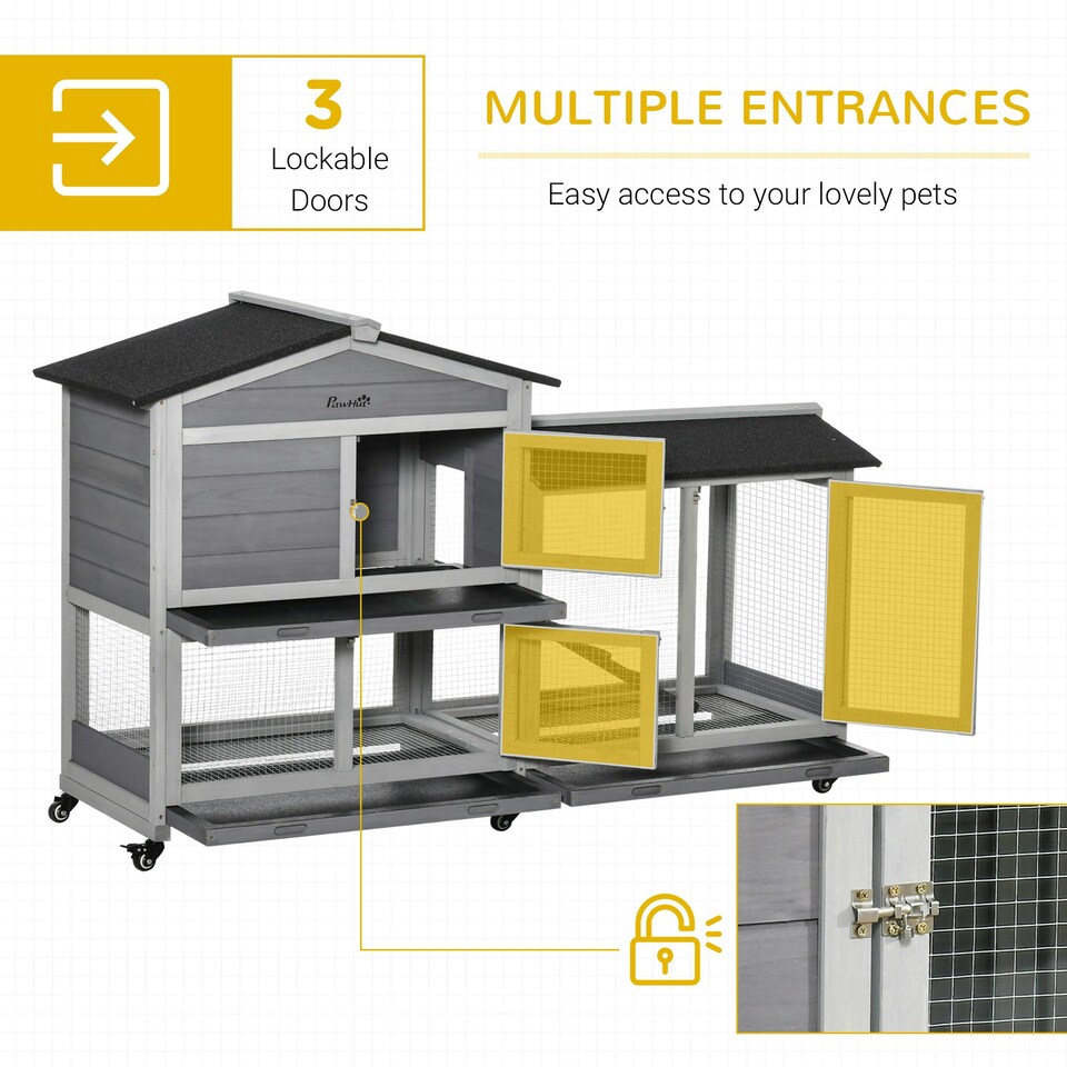 image 1 of PawHut Rabbit Hutch, Bunny Cage Outdoor 2-Tier w/ Wheels & Tray, Grey