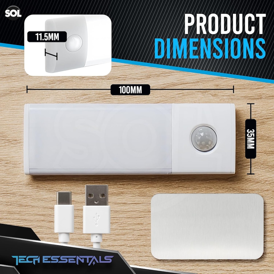 image 1 of 2pk 10cm Type-C Rechargeable Push LED Lights – Wireless Motion Sensor Strip Lights for Cupboards, Closets, Drawers, Shelves & Kitchen