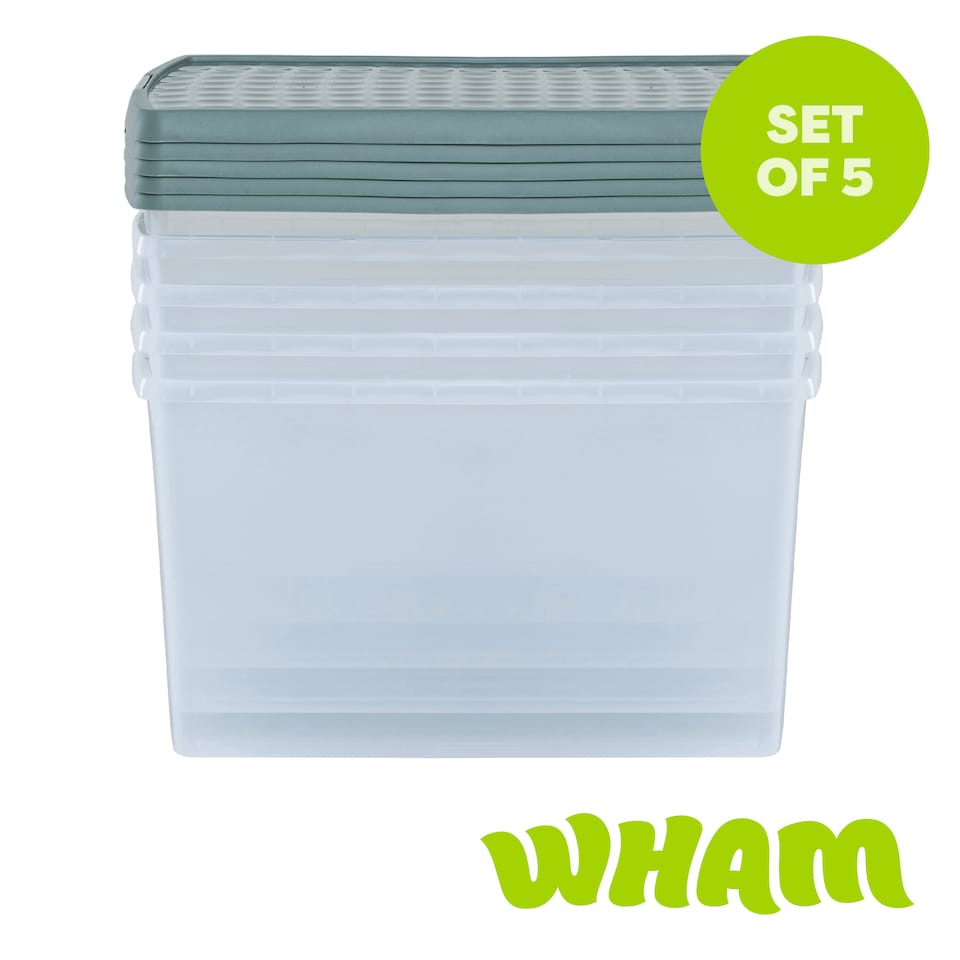 image 1 of Wham Clip 5x 62L Rectangular Plastic Storage Boxes with Clip Lock Lids. Ideal for Home, Office, Toys & More - Clear/Green Milieu | Green | Green Milleu | 5
