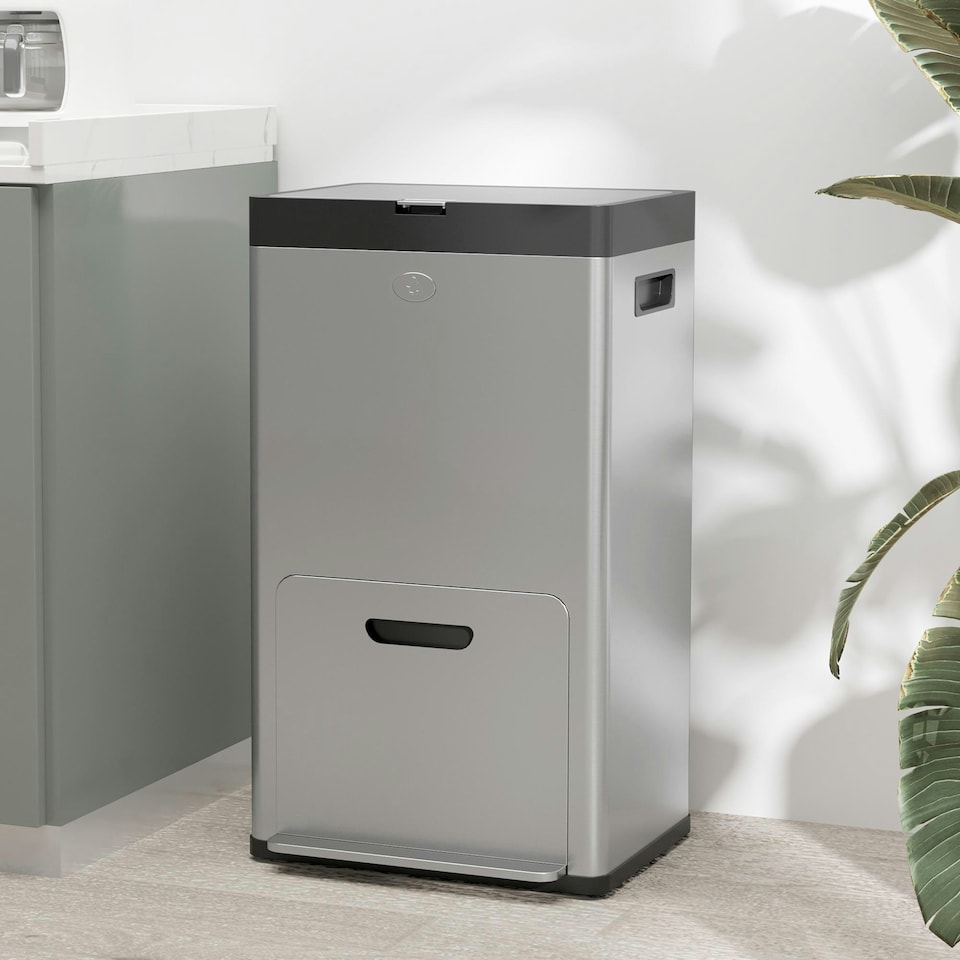 image 1 of HOMCOM 3 Compartment Kitchen Bin, 56L Stainless Steel Pedal Bin with Wheels Silver