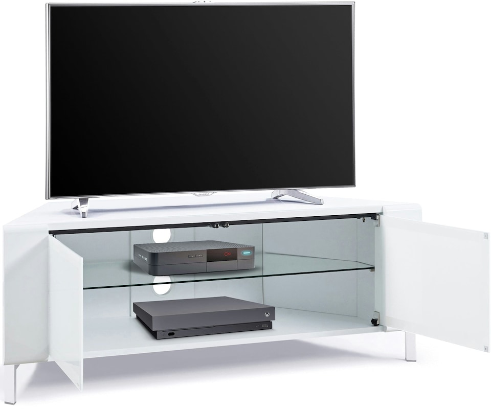 image 1 of MDA Designs CORVUS Corner-Friendly Gloss White Contemporary Cabinet with White Profiles White BeamThru Glass Doors Suitable for Flat Screen TVs up to 50" | White | 1