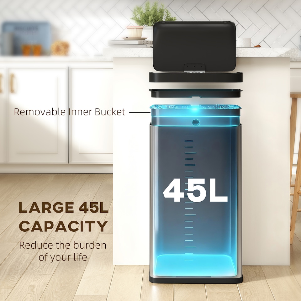 image 1 of HOMCOM 45L Sensor Bin, Stainless Steel Kitchen Bin with Automatic Soft Close Lid and Fingerprint-Proof for Recycling and Waste, Silver Tone | Silver | Silver