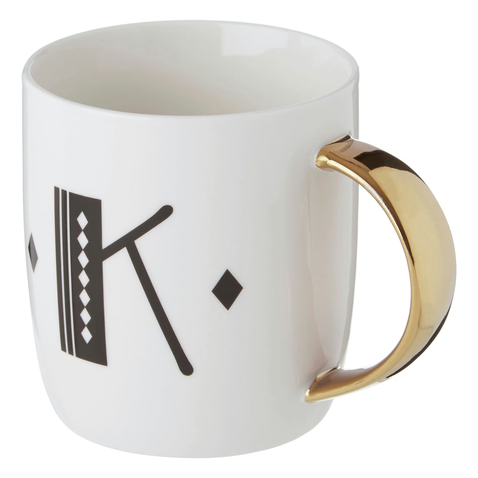 image 1 of Interiors By Premier Diamond Deco K Letter Monogram Mug,Durable Bone China Coffee Mug,Reusable Coffee Cup With Gold Finish Handle