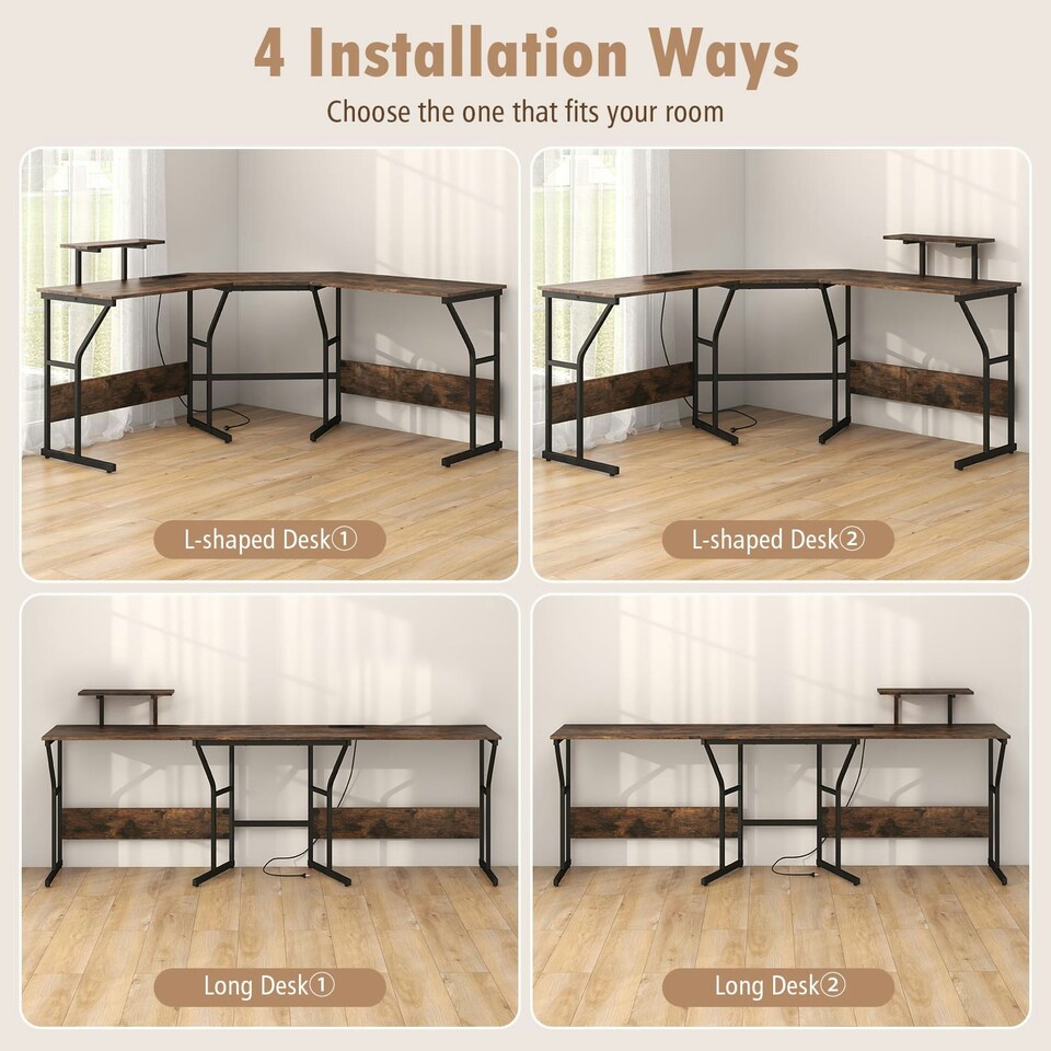 image 1 of COSTWAY L-shaped Desk Corner Computer Workstation Coffee Brown